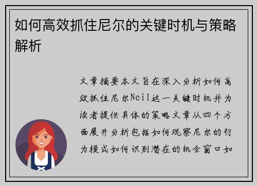 如何高效抓住尼尔的关键时机与策略解析